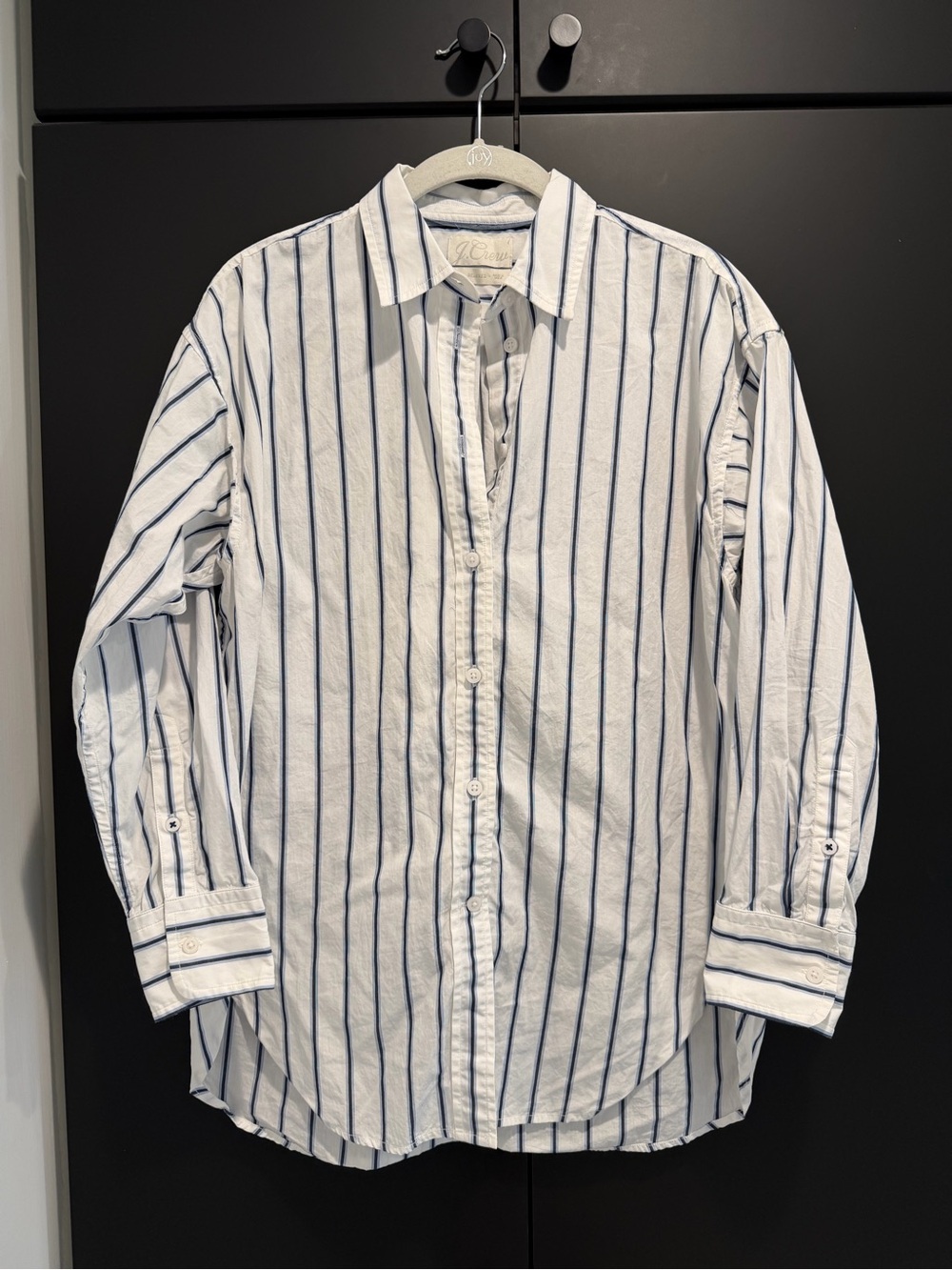 J. Crew White Button-Down Shirt with Navy Vertical Stripes
